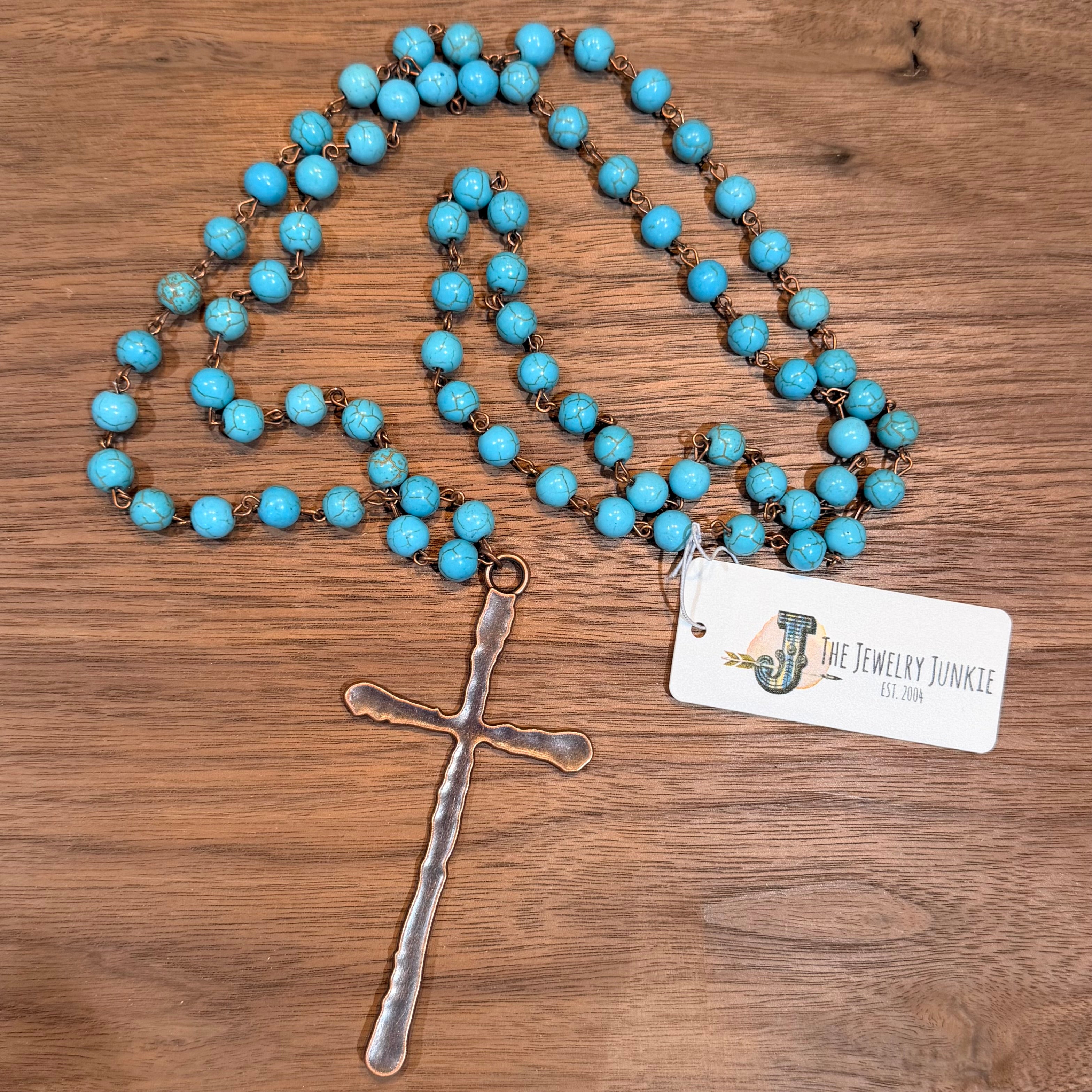 Turquoise Beaded Necklace with Copper Cross $28