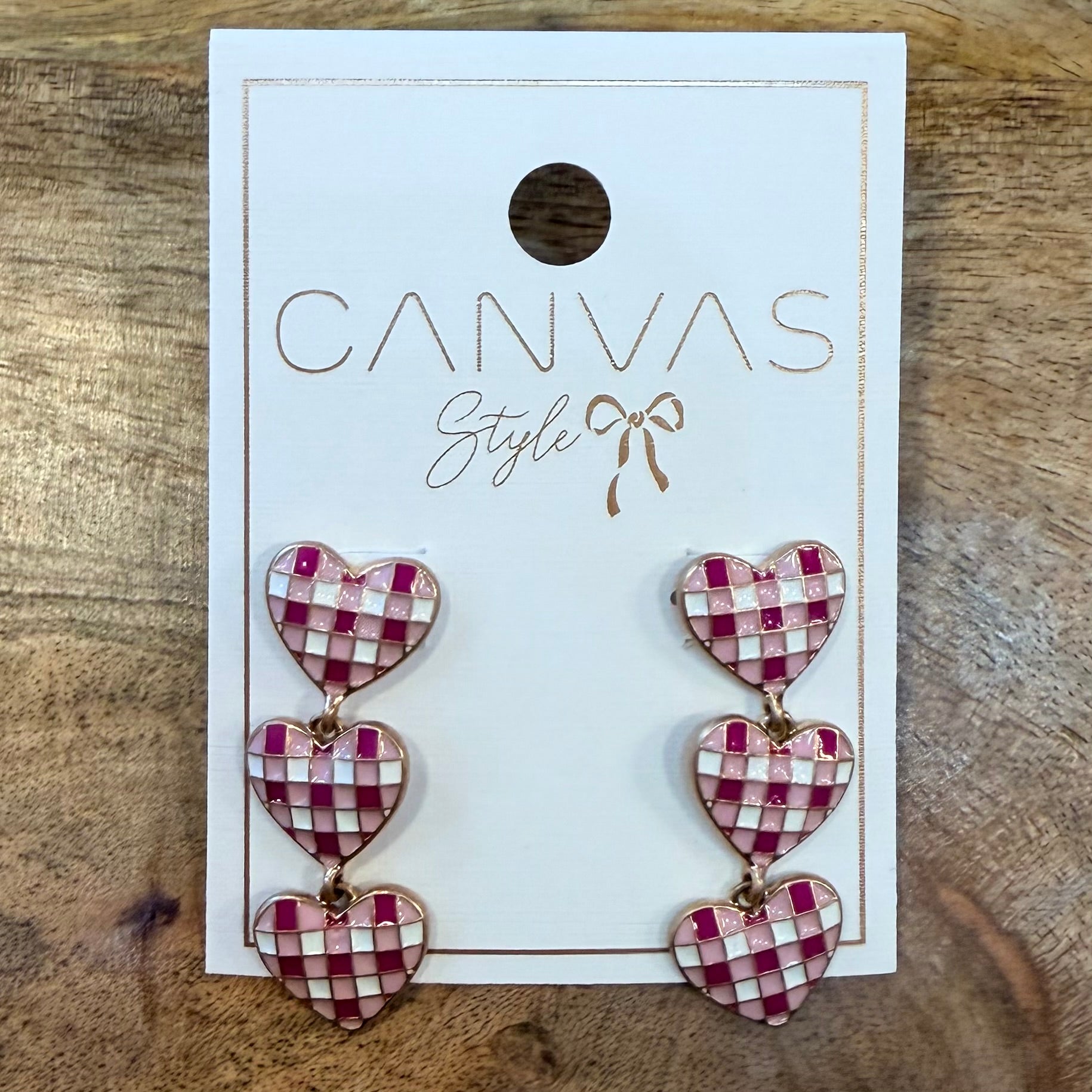 Pink Gingham Hearts Earrings $26