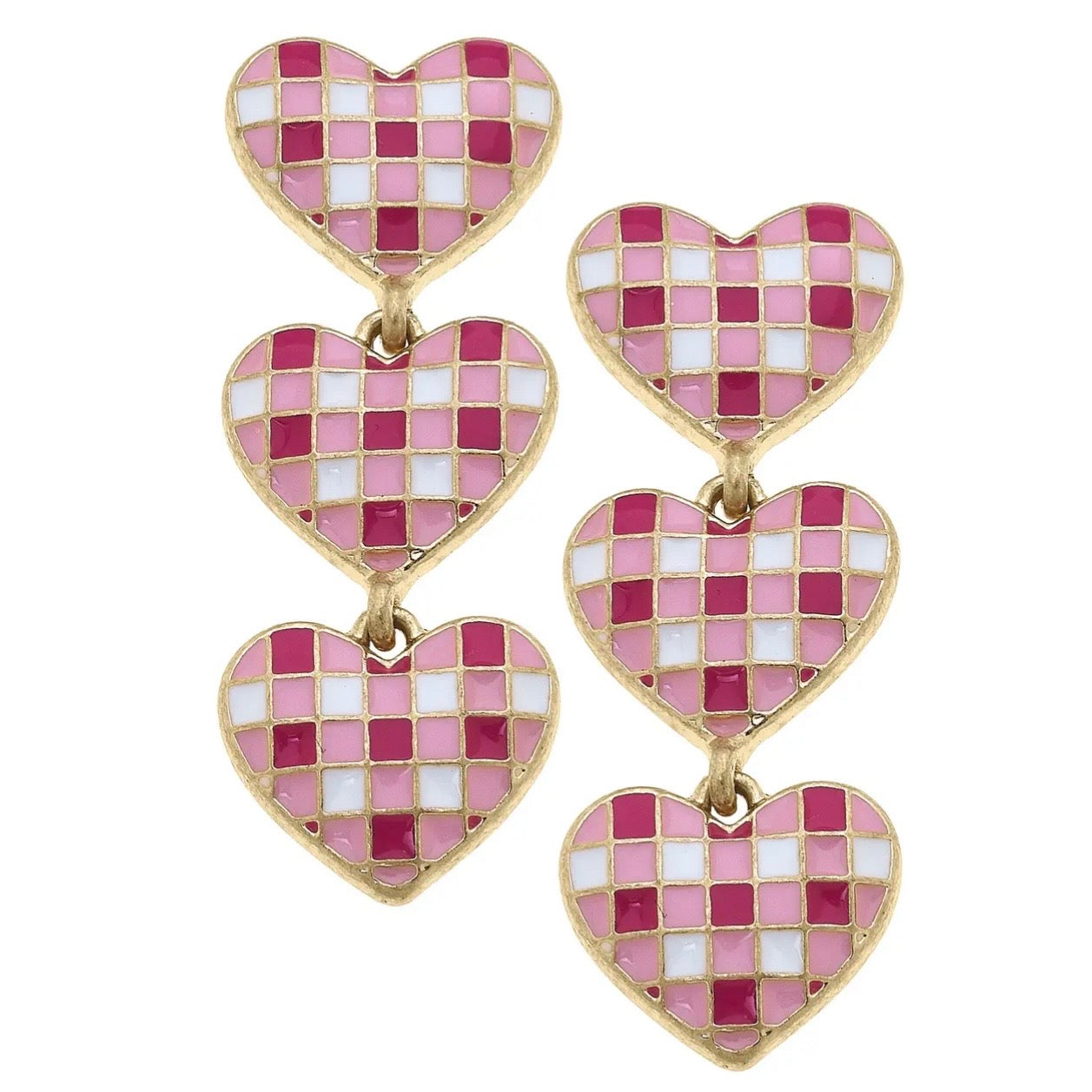 Pink Gingham Hearts Earrings $26