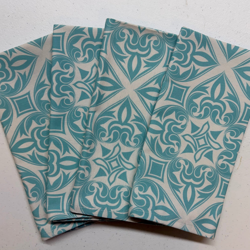 Turquoise & White Geometric Cloth Napkins $28