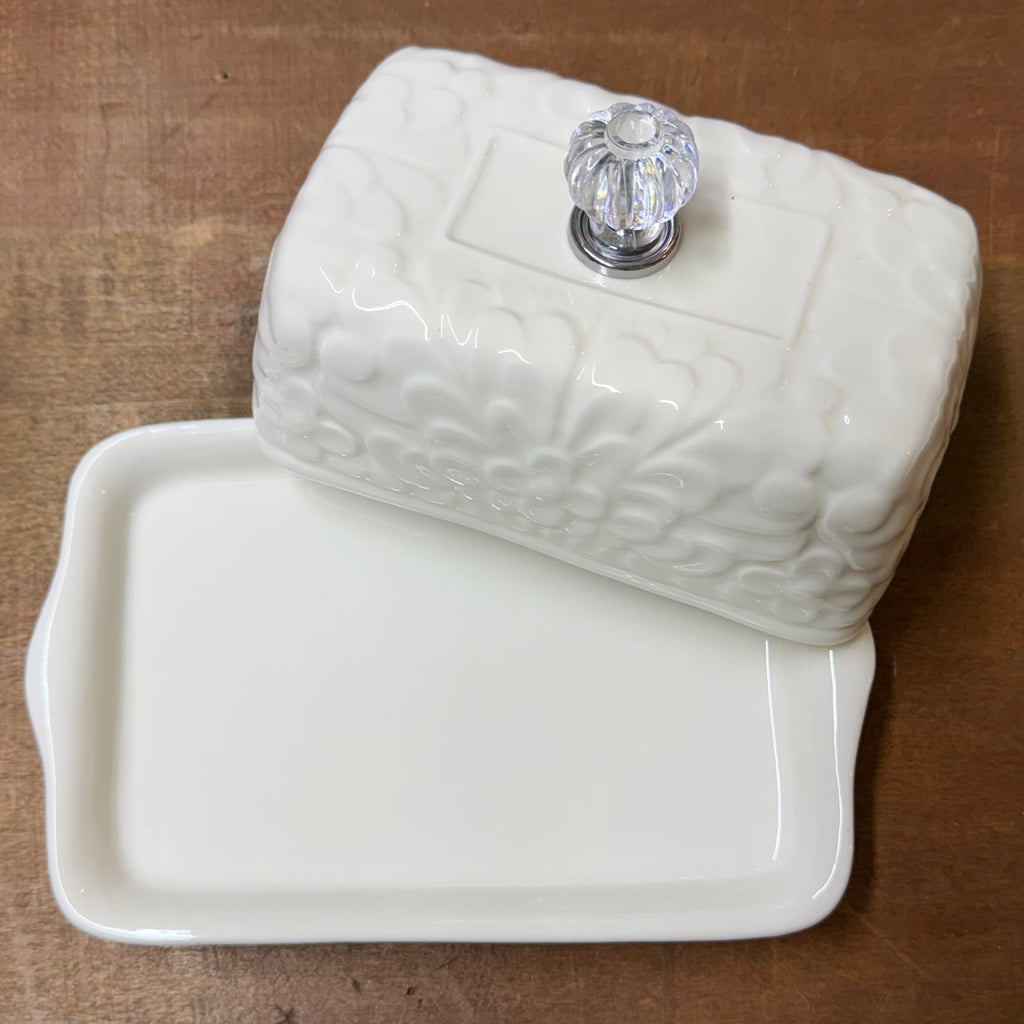 White Floral Butter Dish with Crystal Knob $28