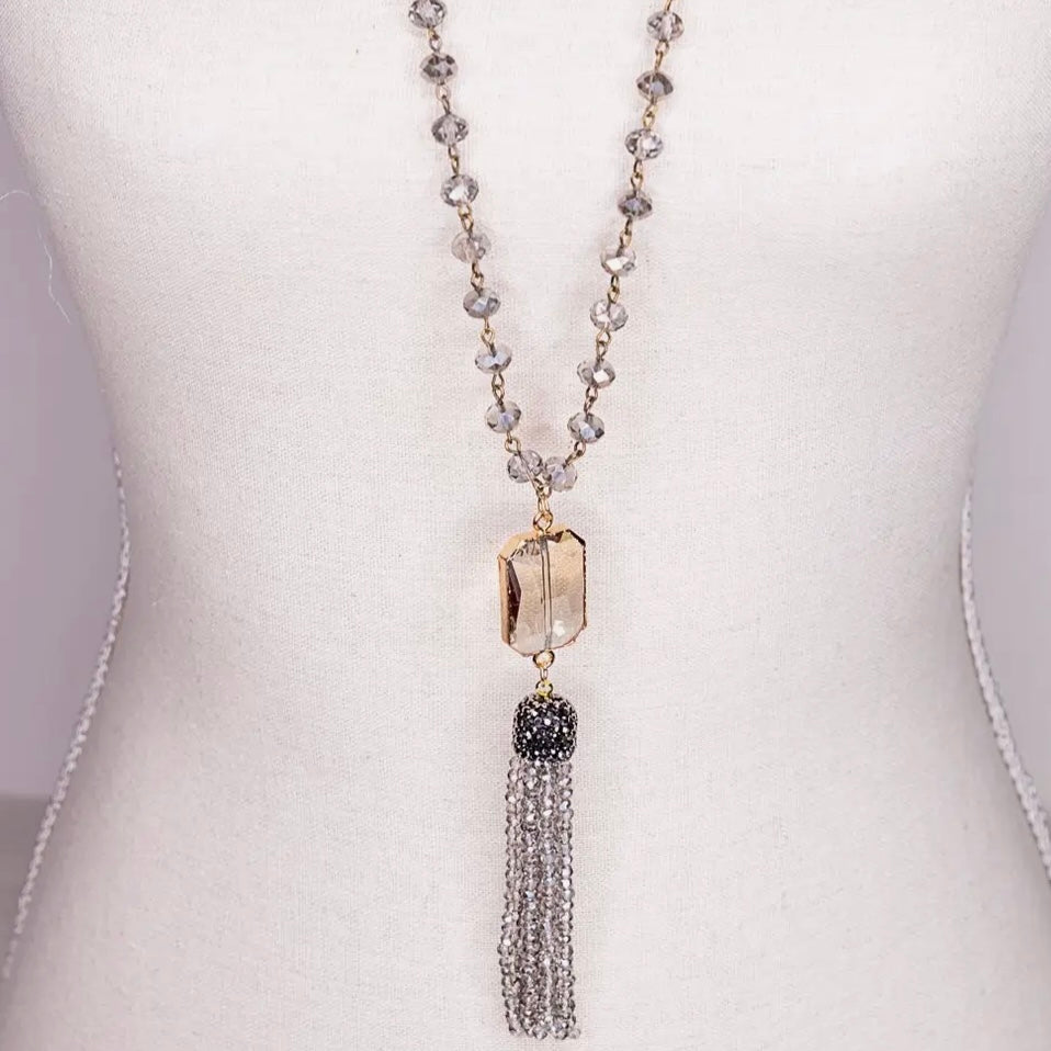 Athena Smoke Beaded Tassel Necklace $28