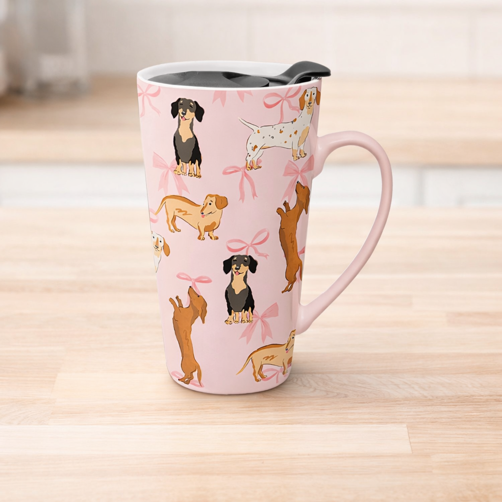 All the Dachshunds Travel Mug with Lid $24