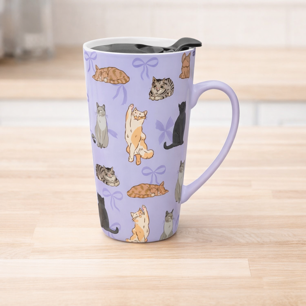 Purple Cats Travel Mug with Lid $24
